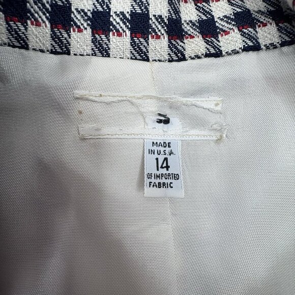 VTG USA 80s Checkered David Brooks Blazer 4 Button Front Navy White Women’s 14 - Picture 10 of 14